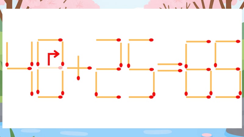 【マッチ棒クイズ】1本だけ動かして正しい式に:46+25=65?の正解画像