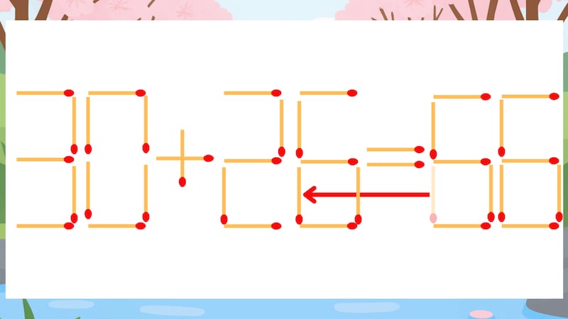 【マッチ棒クイズ】1本だけ動かして正しい式に:30+25=66?の正解画像