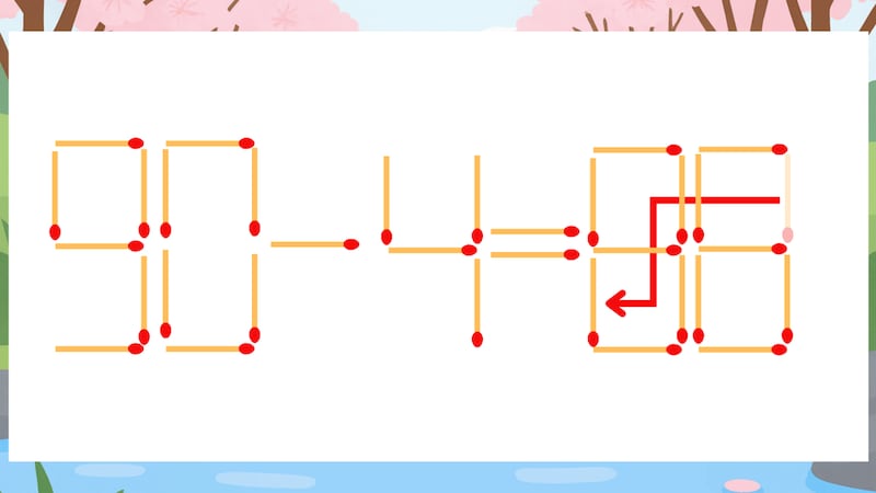 【マッチ棒クイズ】1本だけ動かして正しい式に:90-4=98?の正解画像
