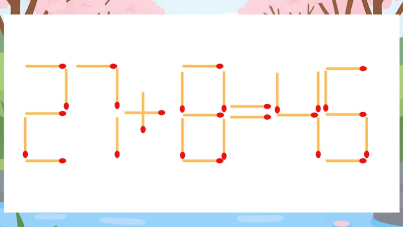 【マッチ棒クイズ】1本だけ動かして正しい式に：27+8=45？の画像