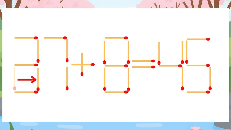 【マッチ棒クイズ】1本だけ動かして正しい式に：27+8=45？の正解画像