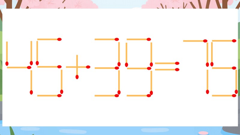 【マッチ棒クイズ】1本だけ動かして正しい式に：45+39=75？の画像