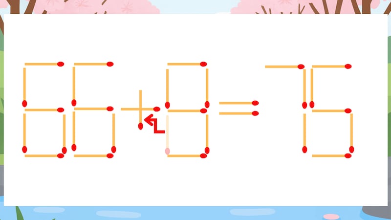 【マッチ棒クイズ】1本だけ動かして正しい式に：66-8=75？の正解画像