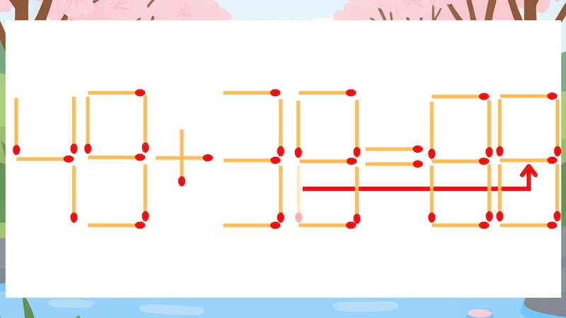 【マッチ棒クイズ】1本だけ動かして正しい式に:49+38=80?の正解画像