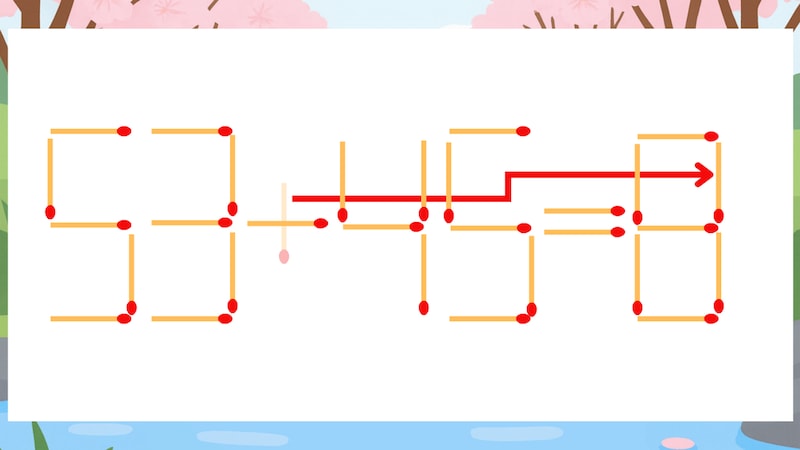 【マッチ棒クイズ】1本だけ動かして正しい式に:53+45=6?の正解画像