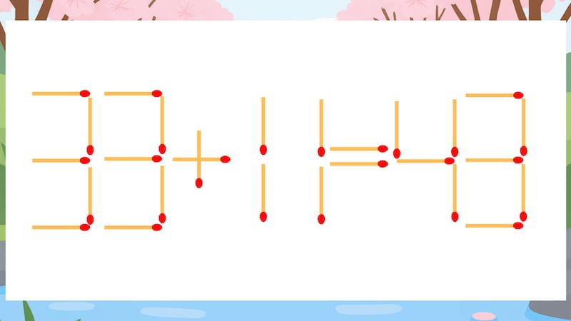 【マッチ棒クイズ】1本だけ動かして正しい式に：33+11=43？の画像