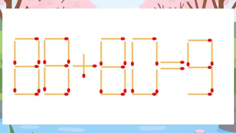 【マッチ棒クイズ】1本だけ動かして正しい式に：88+80=9？の画像