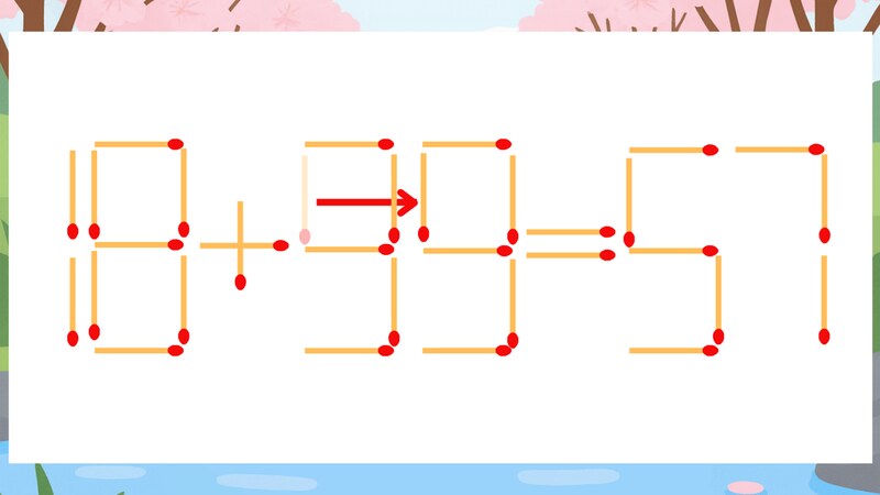【マッチ棒クイズ】1本だけ動かして正しい式に:18+93=57?の正解画像
