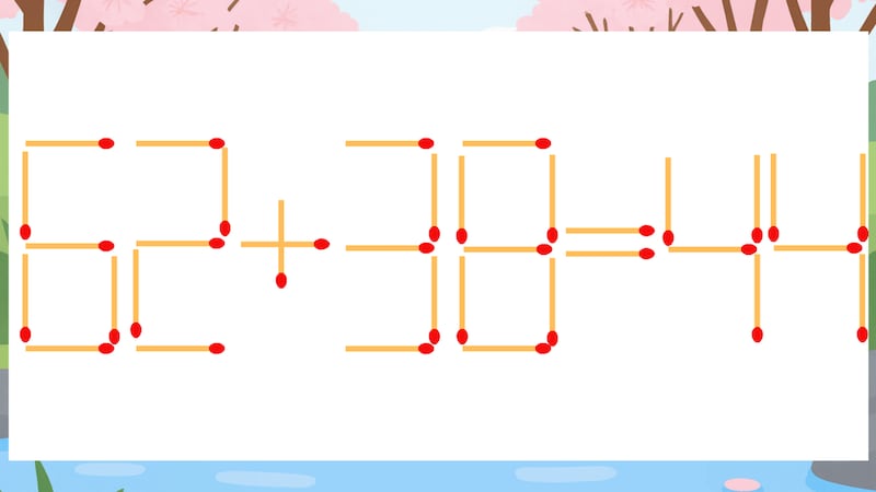 【マッチ棒クイズ】1本だけ動かして正しい式に:62+38=44?の画像