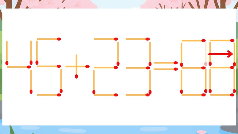 【マッチ棒クイズ】1本だけ動かして正しい式に:45+23=86?の正解画像