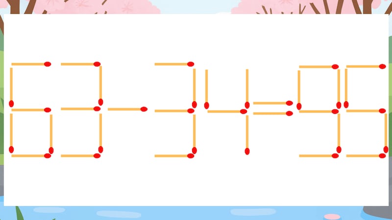 【マッチ棒クイズ】1本だけ動かして正しい式に:63-34=95?の画像