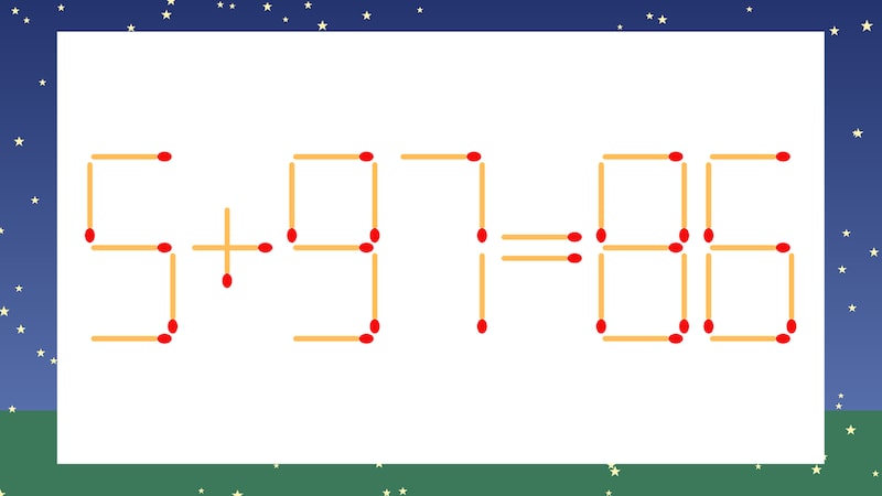 【マッチ棒クイズ】1本だけ動かして正しい式に：5+97=86？の画像