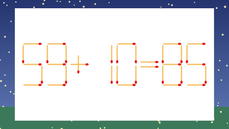 【マッチ棒クイズ】1本だけ動かして正しい式に：59+10=85？の画像