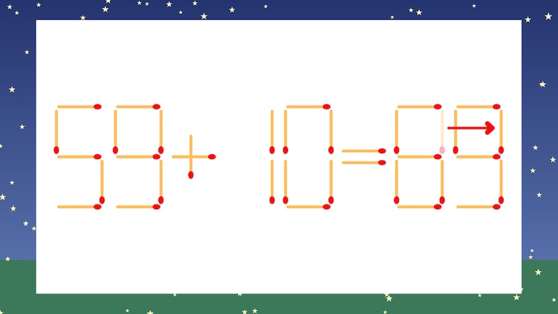 【マッチ棒クイズ】1本だけ動かして正しい式に：59+10=85？の正解画像