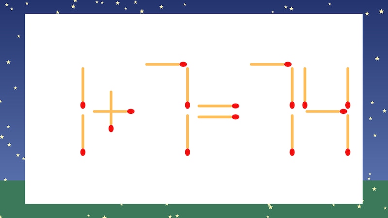 【マッチ棒クイズ】1本だけ動かして正しい式に：1+7=74？の画像