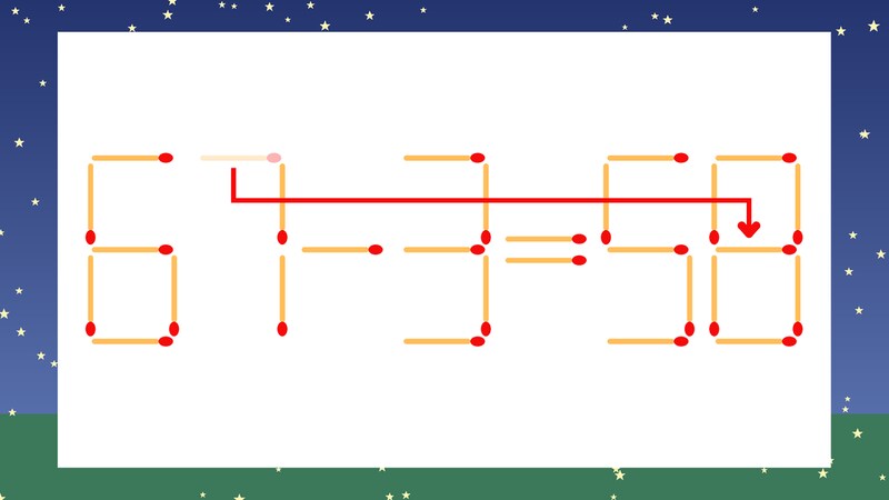 【マッチ棒クイズ】1本だけ動かして正しい式に:67-3=50?の正解画像