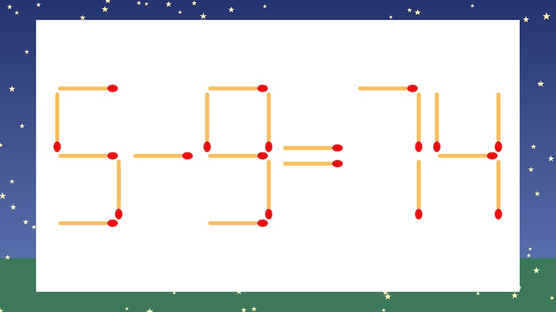【マッチ棒クイズ】1本だけ動かして正しい式に:5-9=74?の画像