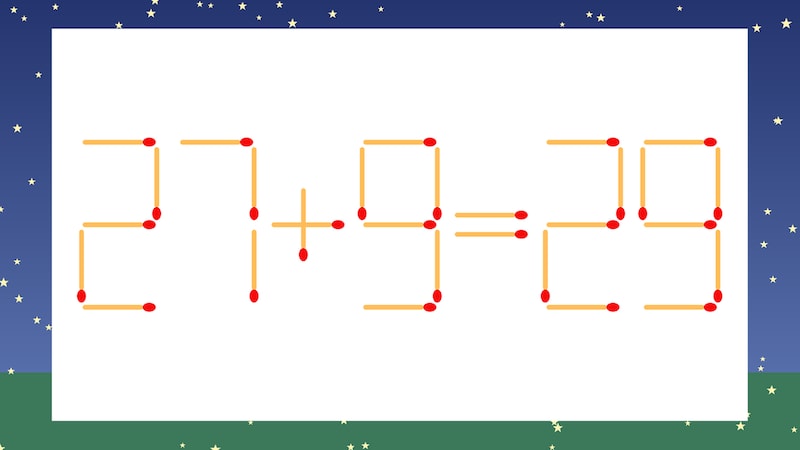 【マッチ棒クイズ】1本だけ動かして正しい式に:27+9=29?の画像