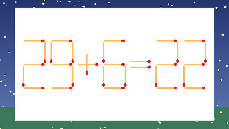 【マッチ棒クイズ】1本だけ動かして正しい式に:29+6=22?の画像