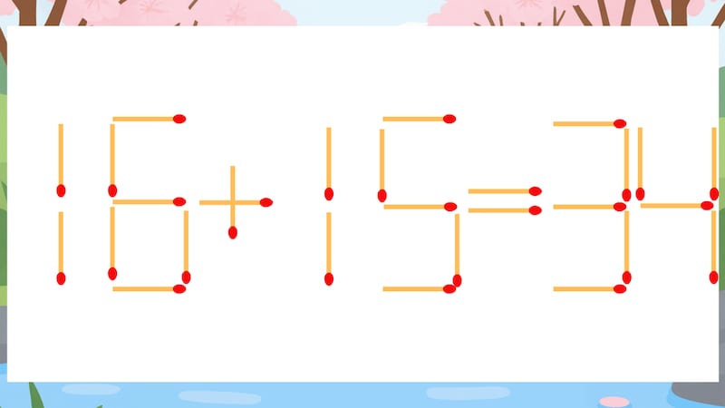 【マッチ棒クイズ】1本だけ動かして正しい式に:16+15=34?の画像