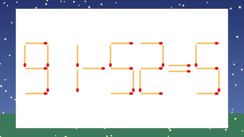 【マッチ棒クイズ】1本だけ動かして正しい式に:91-52=5?の画像