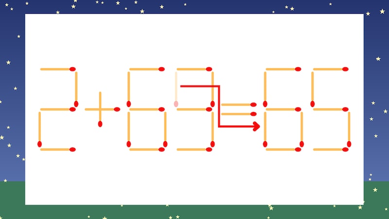 【マッチ棒クイズ】1本だけ動かして正しい式に：2+69=55？の正解画像
