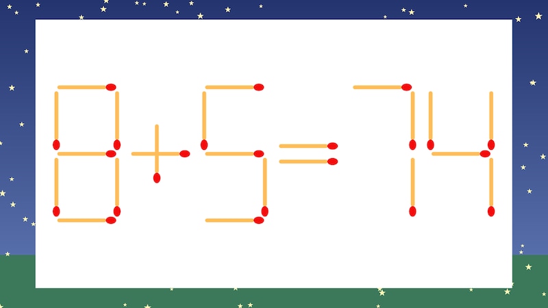 【マッチ棒クイズ】1本だけ動かして正しい式に：8+5=74？の画像