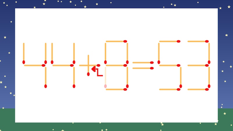 【マッチ棒クイズ】1本だけ動かして正しい式に:44-8=53?の正解画像