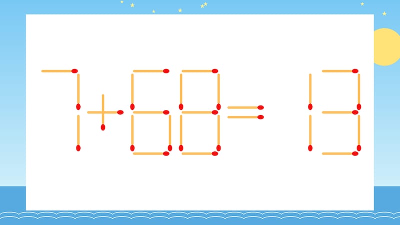 【マッチ棒クイズ】1本だけ動かして正しい式に:7+68=13?の画像