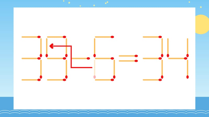 【マッチ棒クイズ】1本だけ動かして正しい式に：33-6=34？の正解画像