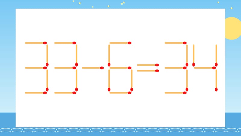 【マッチ棒クイズ】1本だけ動かして正しい式に：33-6=34？の画像