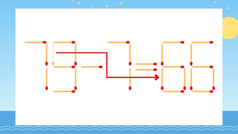 【マッチ棒クイズ】1本だけ動かして正しい式に:79-7=56?の正解画像