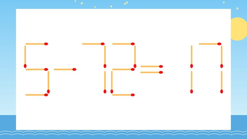 【マッチ棒クイズ】1本だけ動かして正しい式に：5-72=17？の画像