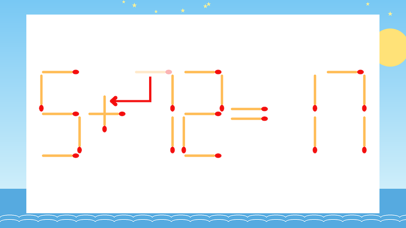 【マッチ棒クイズ】1本だけ動かして正しい式に：5-72=17？の正解画像