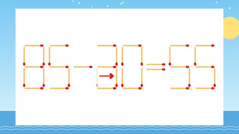 【マッチ棒クイズ】1本だけ動かして正しい式に：85-20=55？の正解画像