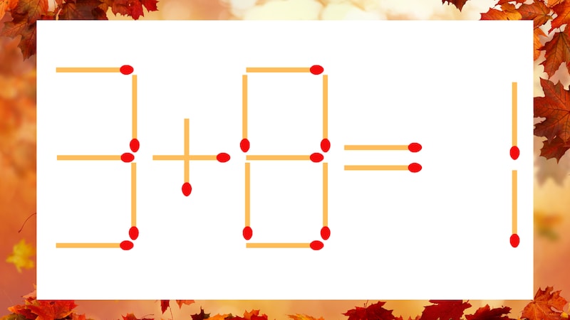 【マッチ棒クイズ】1本だけ動かして正しい式に:3+8=1?の画像