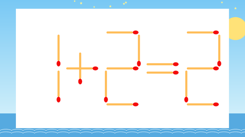 【マッチ棒クイズ】1本だけ動かして正しい式に:1+2=2?の画像