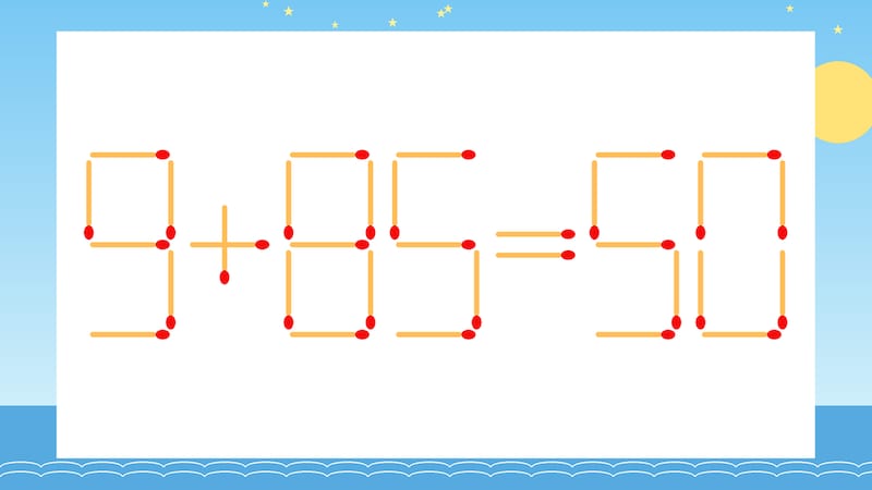 【マッチ棒クイズ】1本だけ動かして正しい式に:9+85=50?の画像