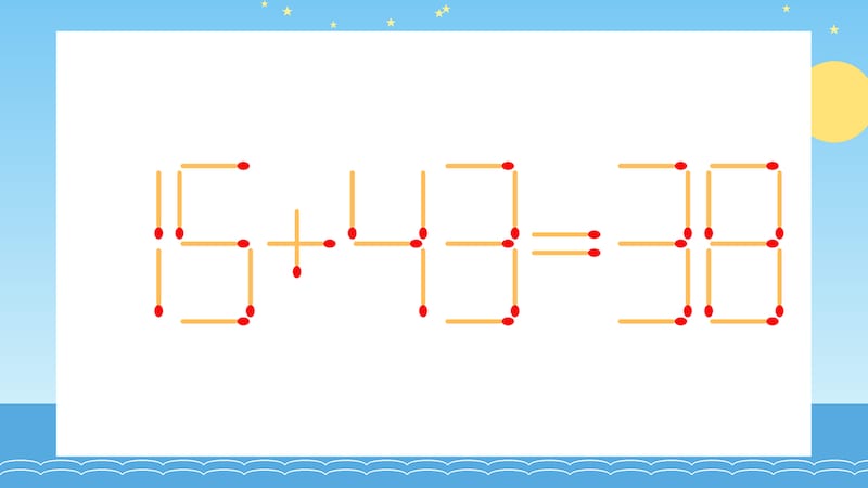 【マッチ棒クイズ】1本だけ動かして正しい式に：15+43=38？の画像