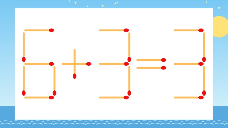 【マッチ棒クイズ】1本だけ動かして正しい式に：6+3=3？の画像