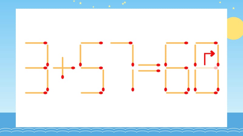 【マッチ棒クイズ】1本だけ動かして正しい式に：3+57=66？の正解画像
