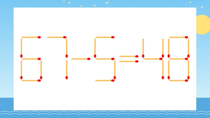 【マッチ棒クイズ】1本だけ動かして正しい式に：67-5=48？の画像