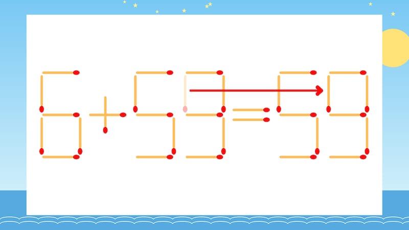 【マッチ棒クイズ】1本だけ動かして正しい式に:6+59=53?の正解画像
