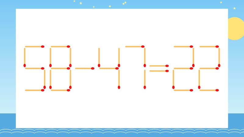 【マッチ棒クイズ】1本だけ動かして正しい式に：58-47=22？の画像