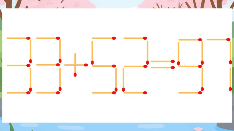 【マッチ棒クイズ】1本だけ動かして正しい式に：33+52=97？の画像