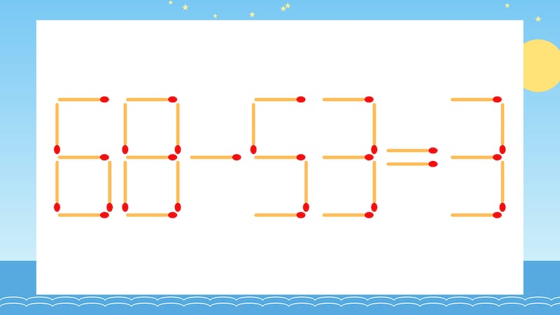 【マッチ棒クイズ】1本だけ動かして正しい式に:68-53=3?の画像