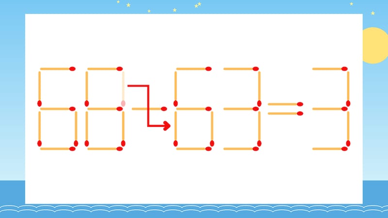 【マッチ棒クイズ】1本だけ動かして正しい式に:68-53=3?の正解画像