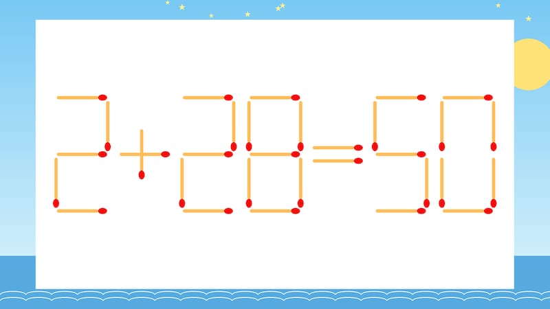 【マッチ棒クイズ】1本だけ動かして正しい式に:2+28=50?の画像