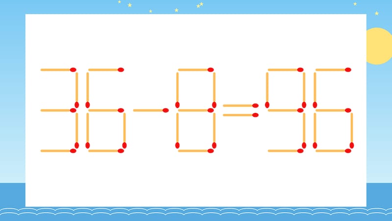 【マッチ棒クイズ】1本だけ動かして正しい式に:36-8=96?の画像