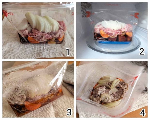 ダイソー スチームバッグ 肉じゃが調理工程